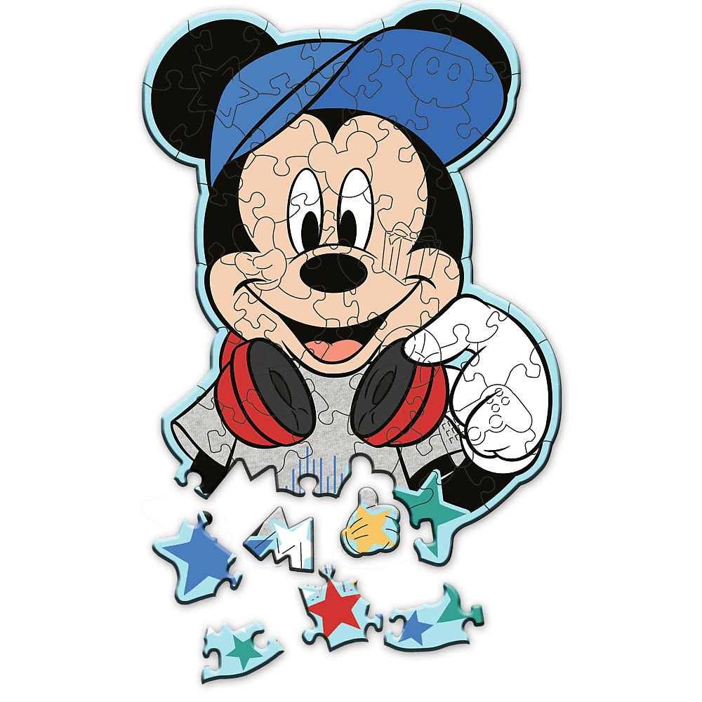 Puzzle Mickey Mouse. Il a la forme de Mickey portant une casquette bleue et un casque.