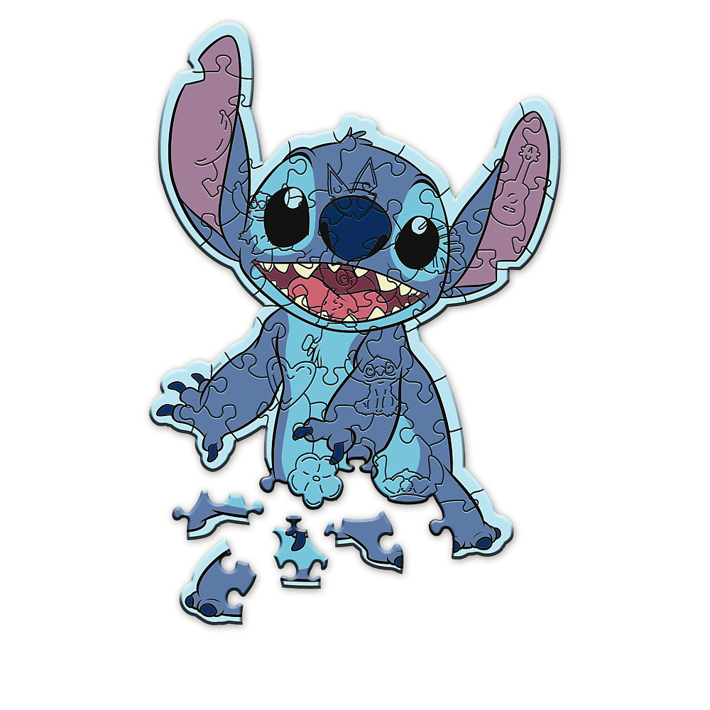 Piezas de rompecabezas de Stitch en una figura de Stitch. Algunas piezas están separadas.