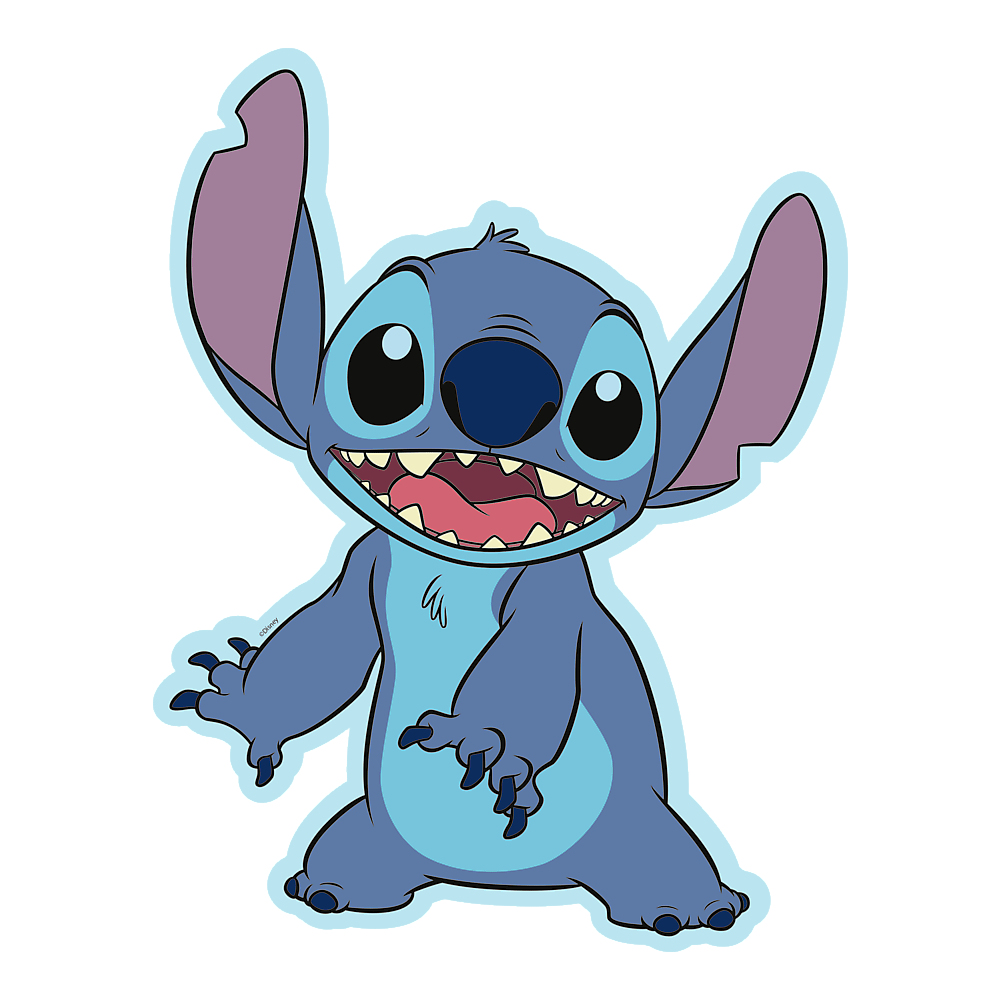 Una imagen de dibujos animados de Stitch, un personaje alienígena azul con orejas grandes y una amplia sonrisa.