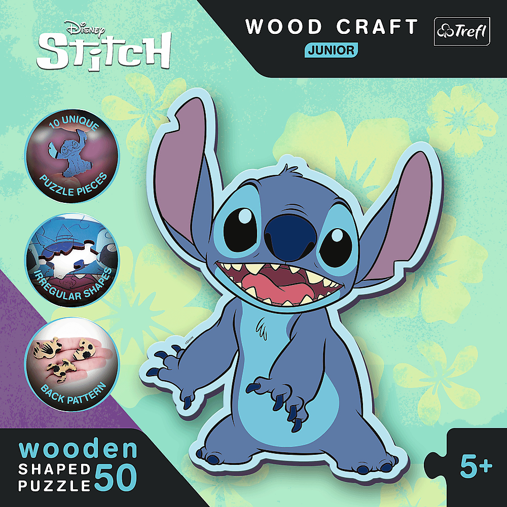 Rompecabezas de madera de Stitch con el personaje Stitch, sonriendo con forma de rompecabezas. La caja es azul y verde.
