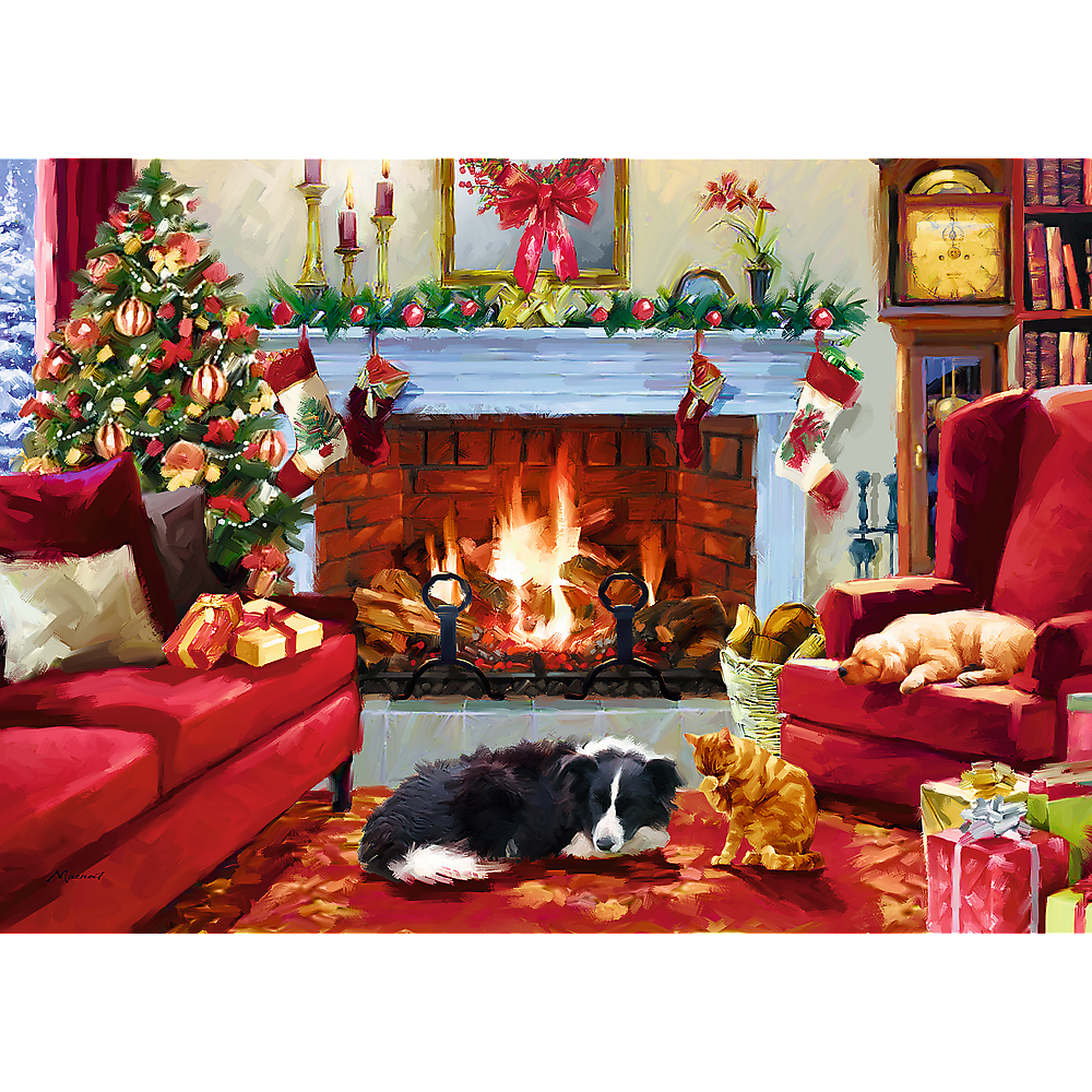 Una habitación con temática navideña con chimenea, regalos, un árbol de Navidad y un perro y un gato.