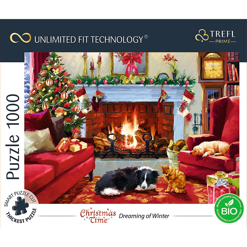 Rompecabezas navideño con chimenea, árbol de Navidad, regalos y dos mascotas.