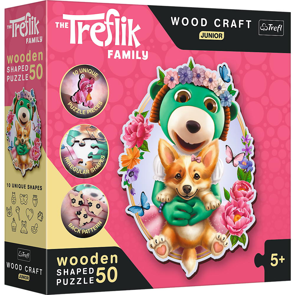 Boîte de puzzle en bois avec un ours vert tenant un corgi. La boîte montre des pièces de puzzle et 5+.