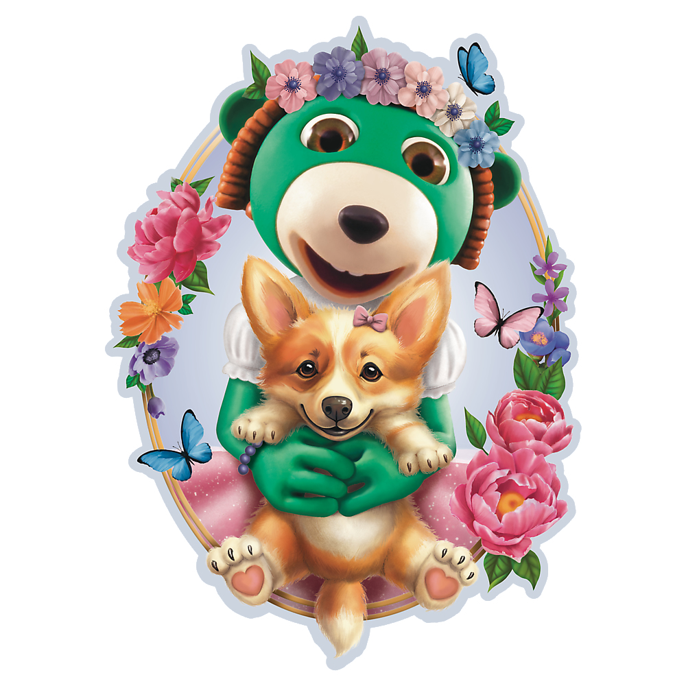 Un ours vert tenant un corgi. Des papillons et des fleurs encadrent l'image sur fond blanc.