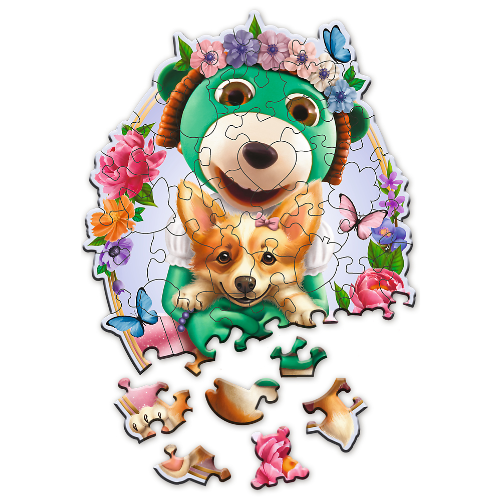 Puzzle avec un ours vert tenant un corgi. Fleurs et papillons entourent l'ours et le chien.
