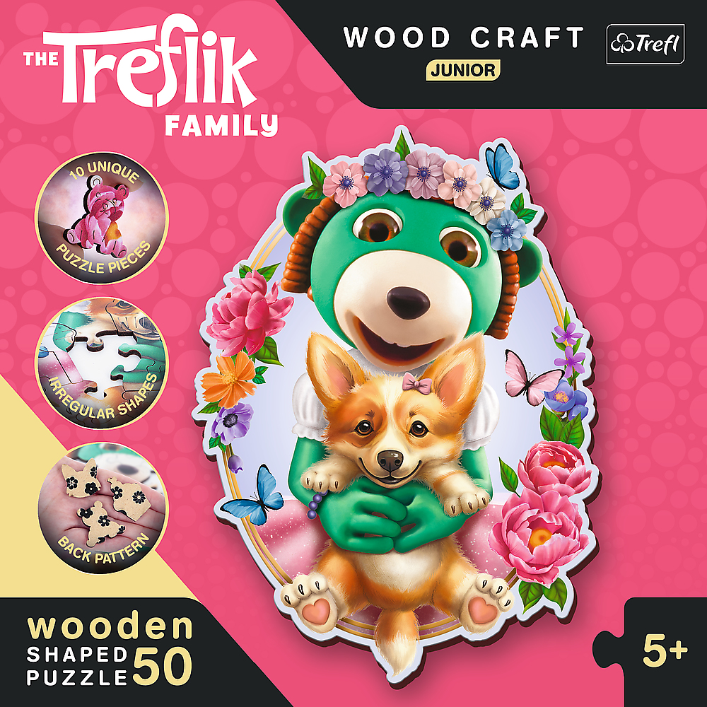 Boîte de puzzle avec un ours tenant un corgi, entouré de fleurs et de papillons. La famille Treflik.