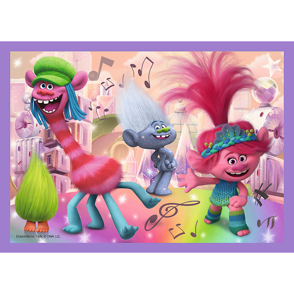 Puzzle featuring Trolls characters. Shows several Trolls in a colorful setting with musical notes.