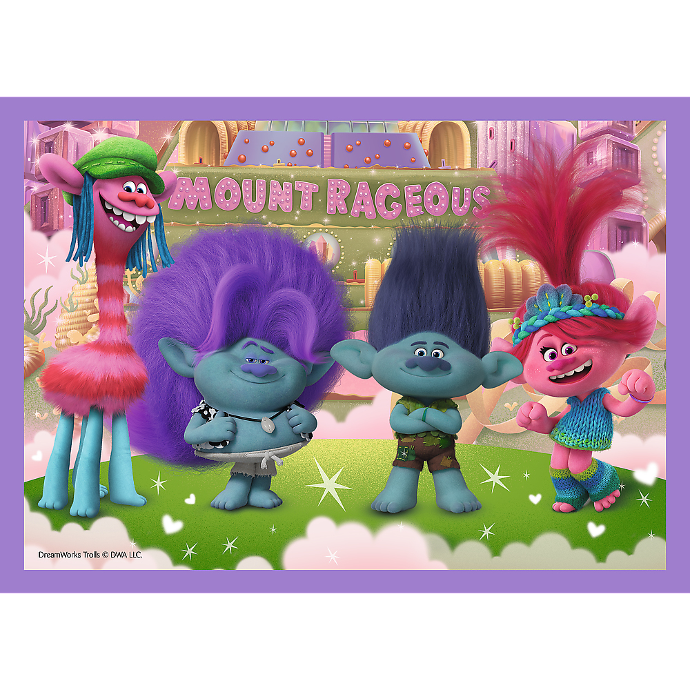 Four Trolls characters stand in a field. Background shows 'Mount Rageous' and a pink border.