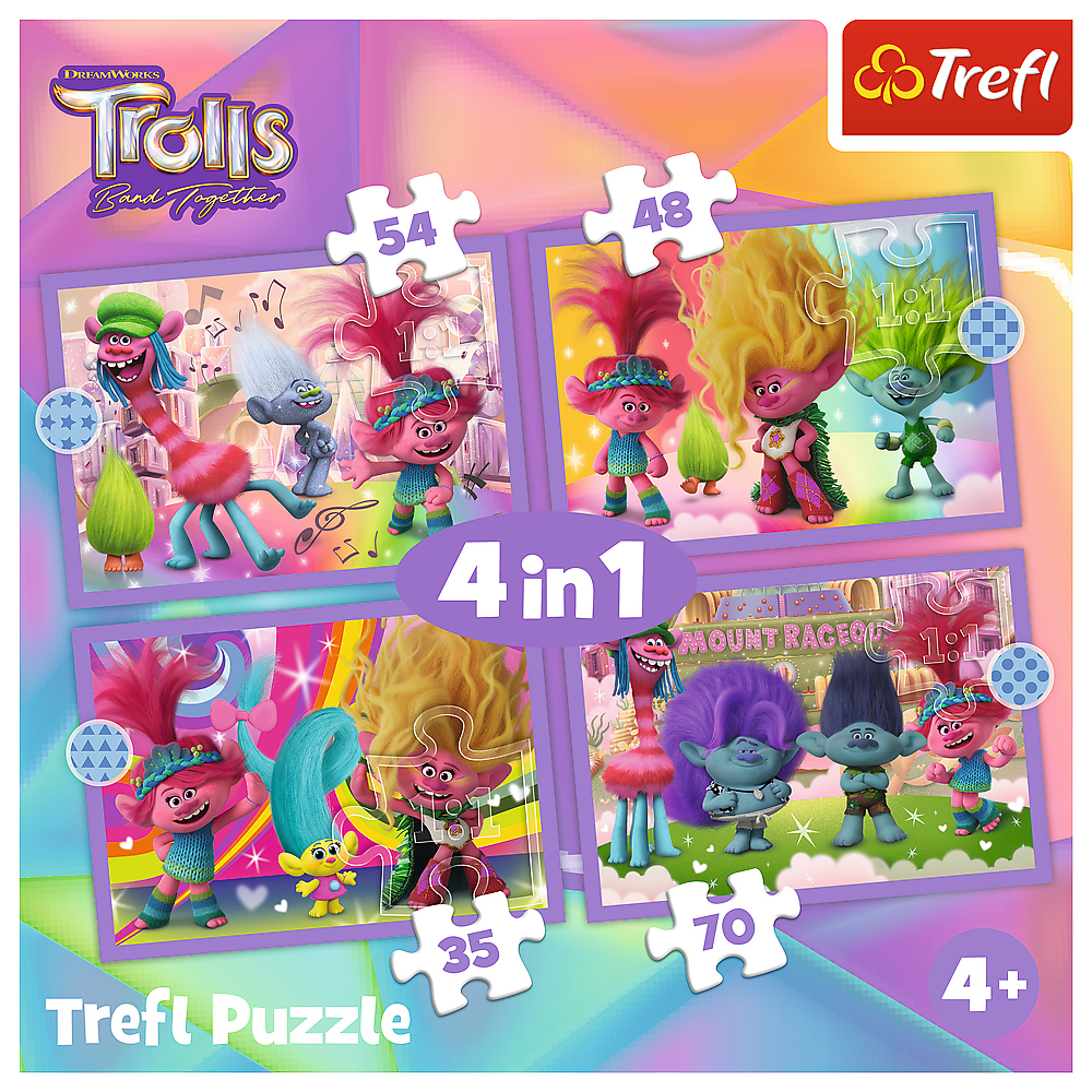 A 4-in-1 Trolls puzzle. Four puzzle images of Trolls characters and the puzzle pieces are displayed.