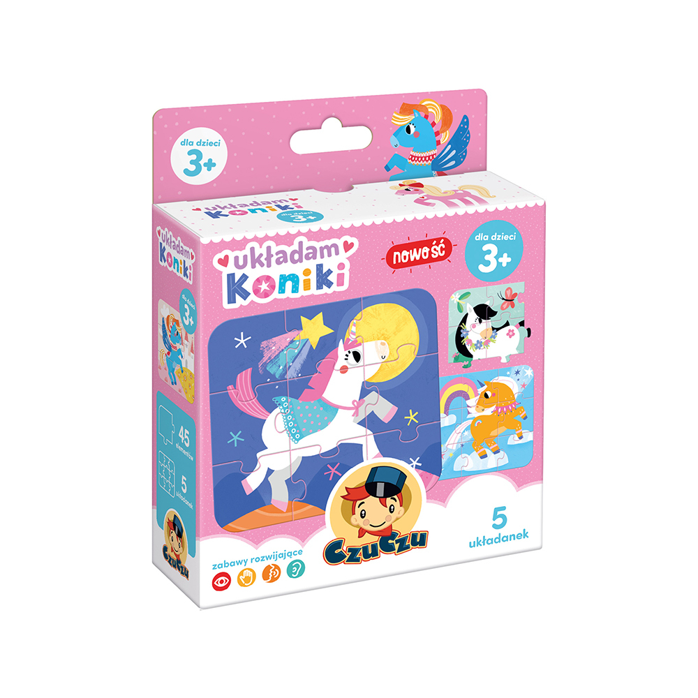A pink puzzle box with a unicorn image. The box shows the puzzle pieces.