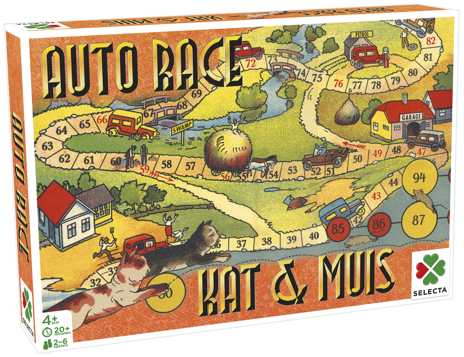 Een bordspel genaamd Auto Race. Het spelbord toont een weg met auto's, huizen en een kat en muis onderaan.