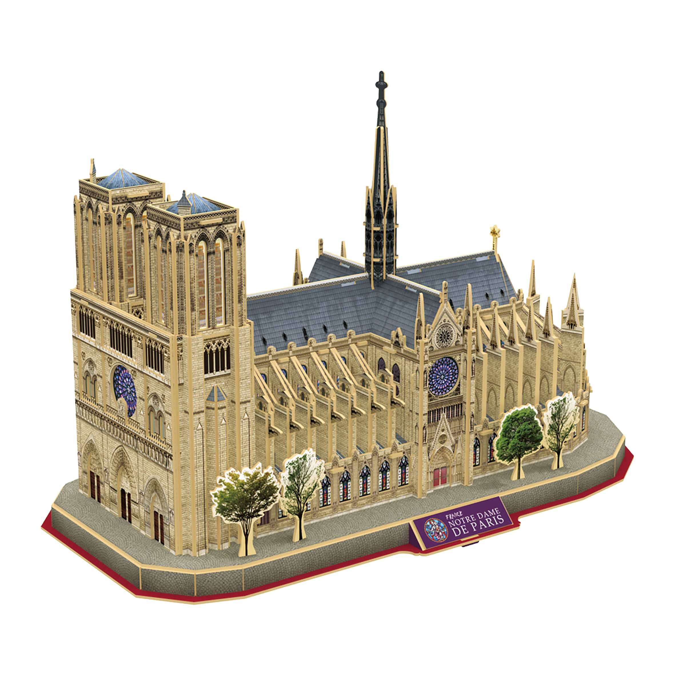 Puzzle 3D Notre Dame de Paris. To szczegółowy model katedry z drzewami i czerwoną podstawą.