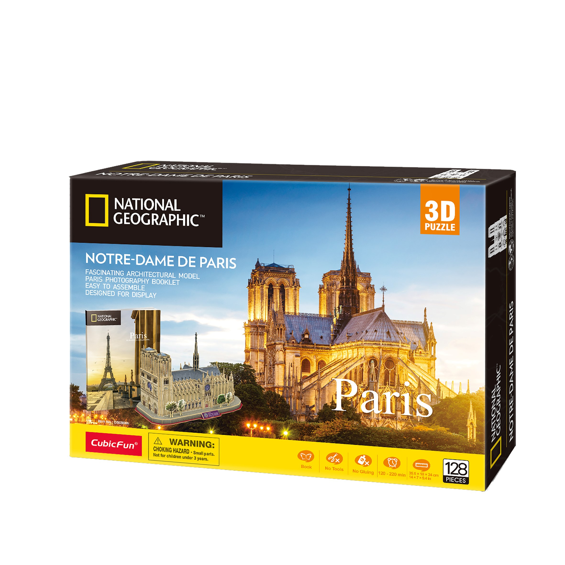 Pudełko z puzzlami 3D Notre-Dame de Paris, z wizerunkiem katedry i nazwą 'Paryż'.