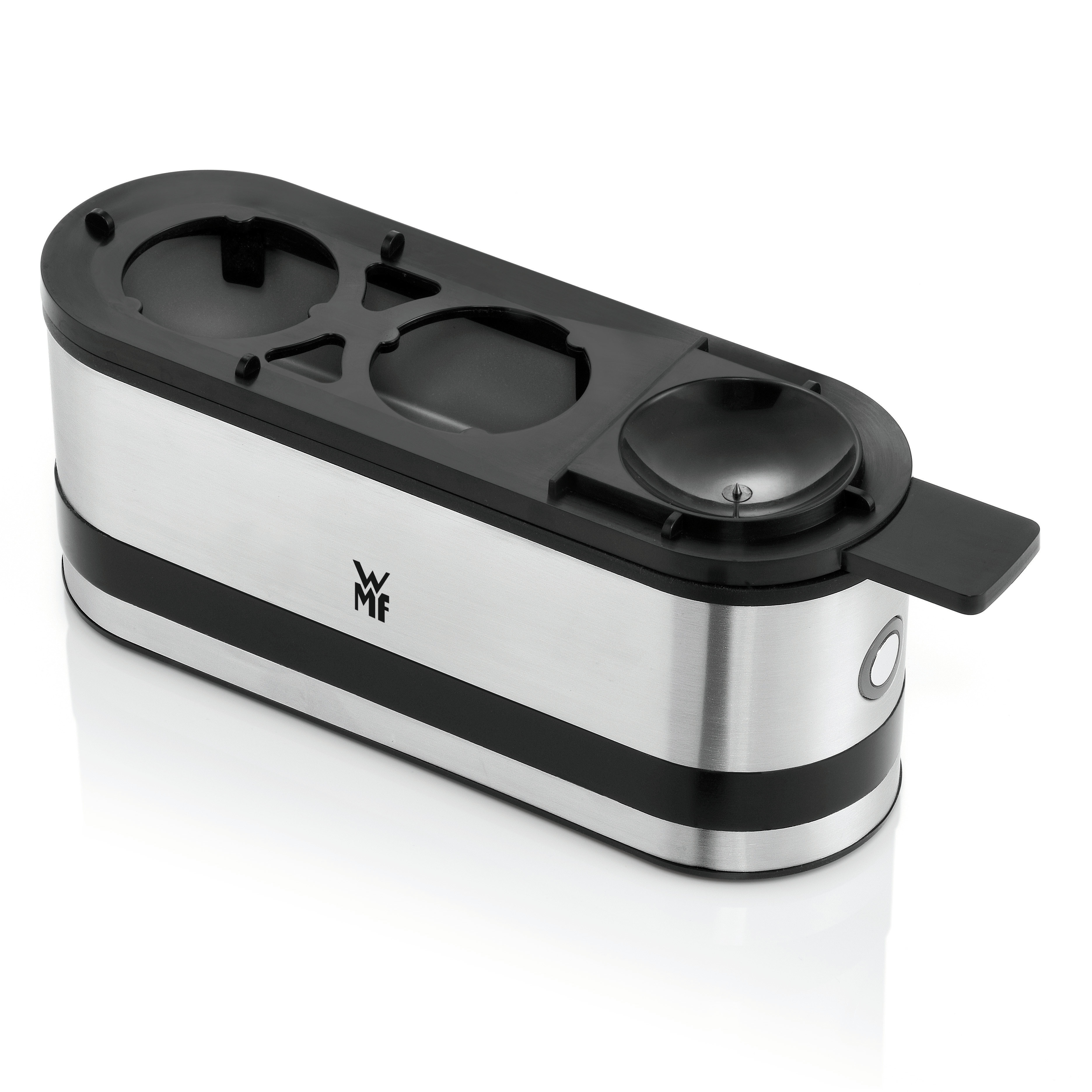 Srebrno-czarny ekspres do kawy z czarną górą i srebrną podstawą.