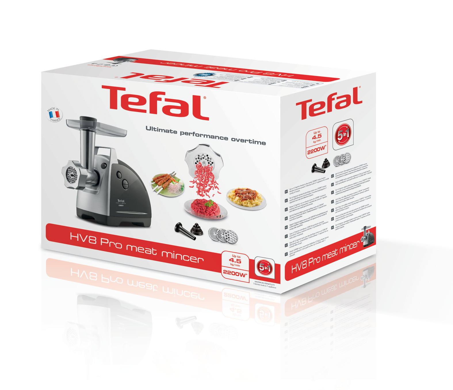 Tefal HV8 Pro et kıyma makinesi için kutu, kıyma makinesinin ve aksesuarların görüntüleriyle.