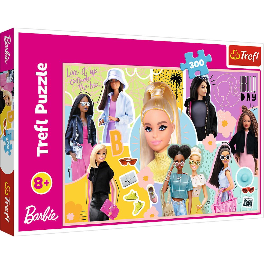 Barbie puzzeldoos. Barbie poppen aan de voorkant, roze achtergrond.