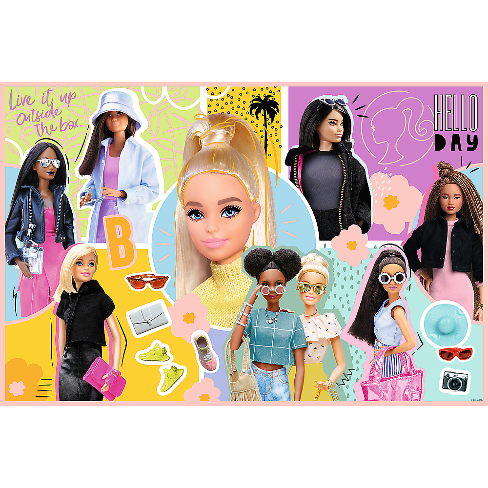 Een kleurrijke puzzel met meerdere Barbie-poppenafbeeldingen, accessoires en de tekst 'HELLO DAY'.