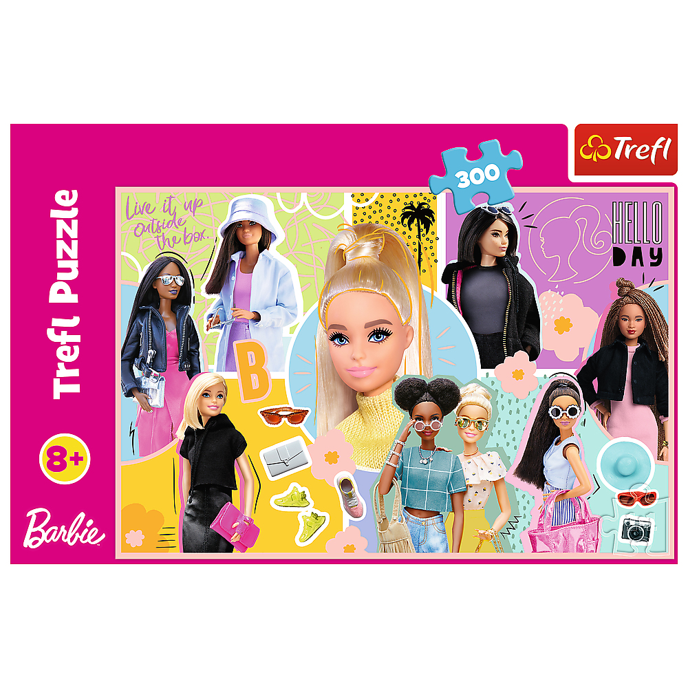 Een puzzeldoos met een Barbie-poppenafbeelding, accessoires en de tekst 'HELLO DAY'.