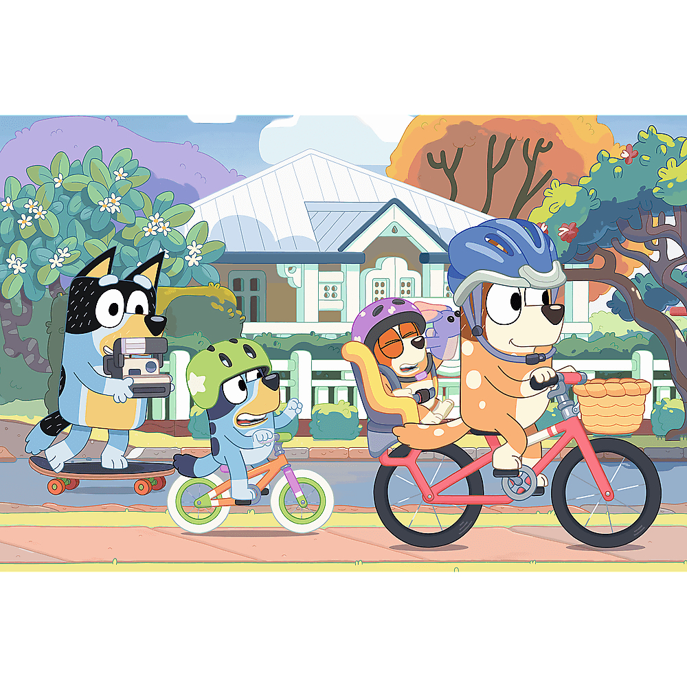 Chiens de dessin animé à vélo et skateboard dans la rue.