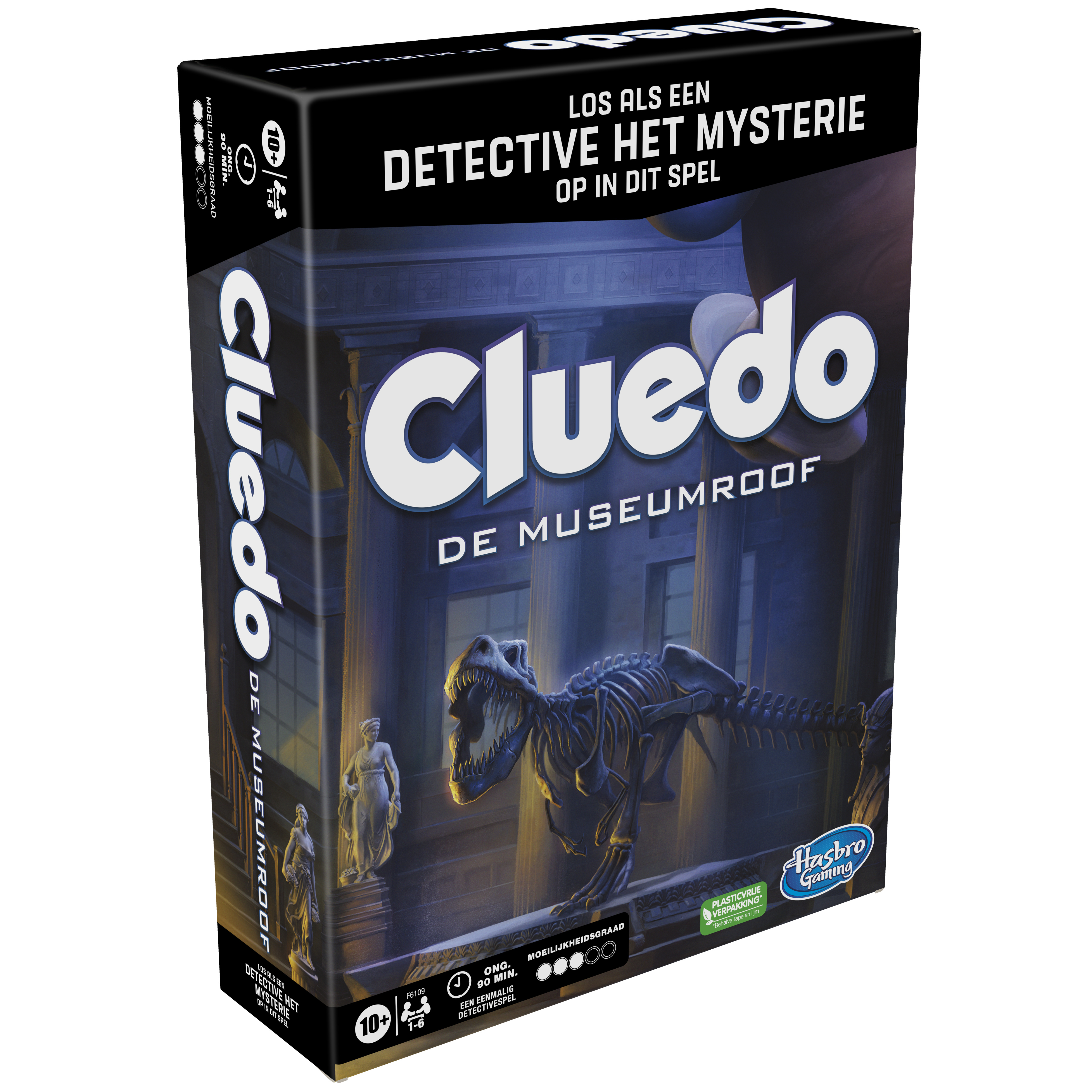 Verpacktes Brettspiel Cluedo mit einem Dinosaurierskelett in einem Museum, mit dem Hasbro Gaming Logo.