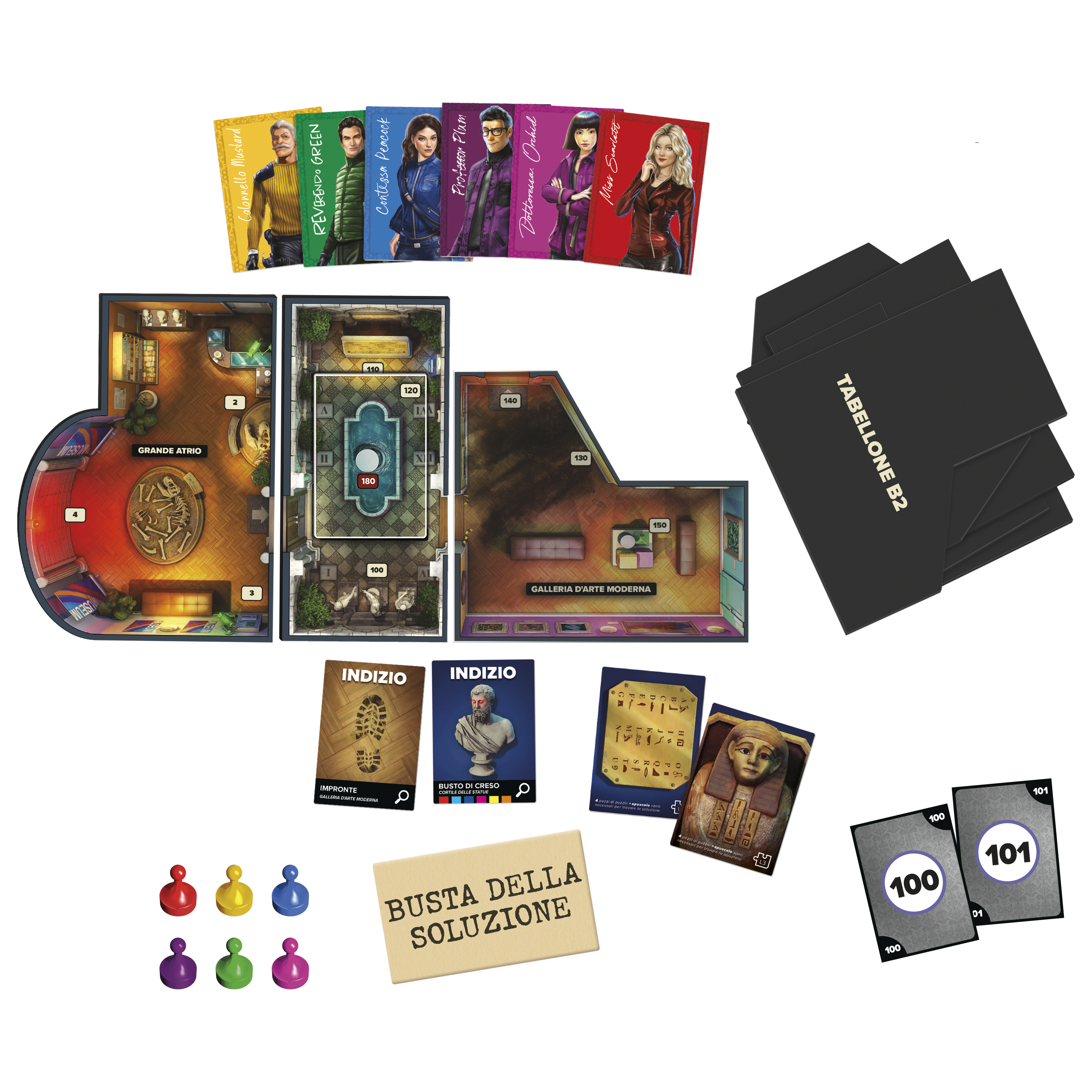 Brettspiel mit Karten, Spielbrett und Spielfiguren. Das Spiel zeigt einen Tatort mit Beweisen.