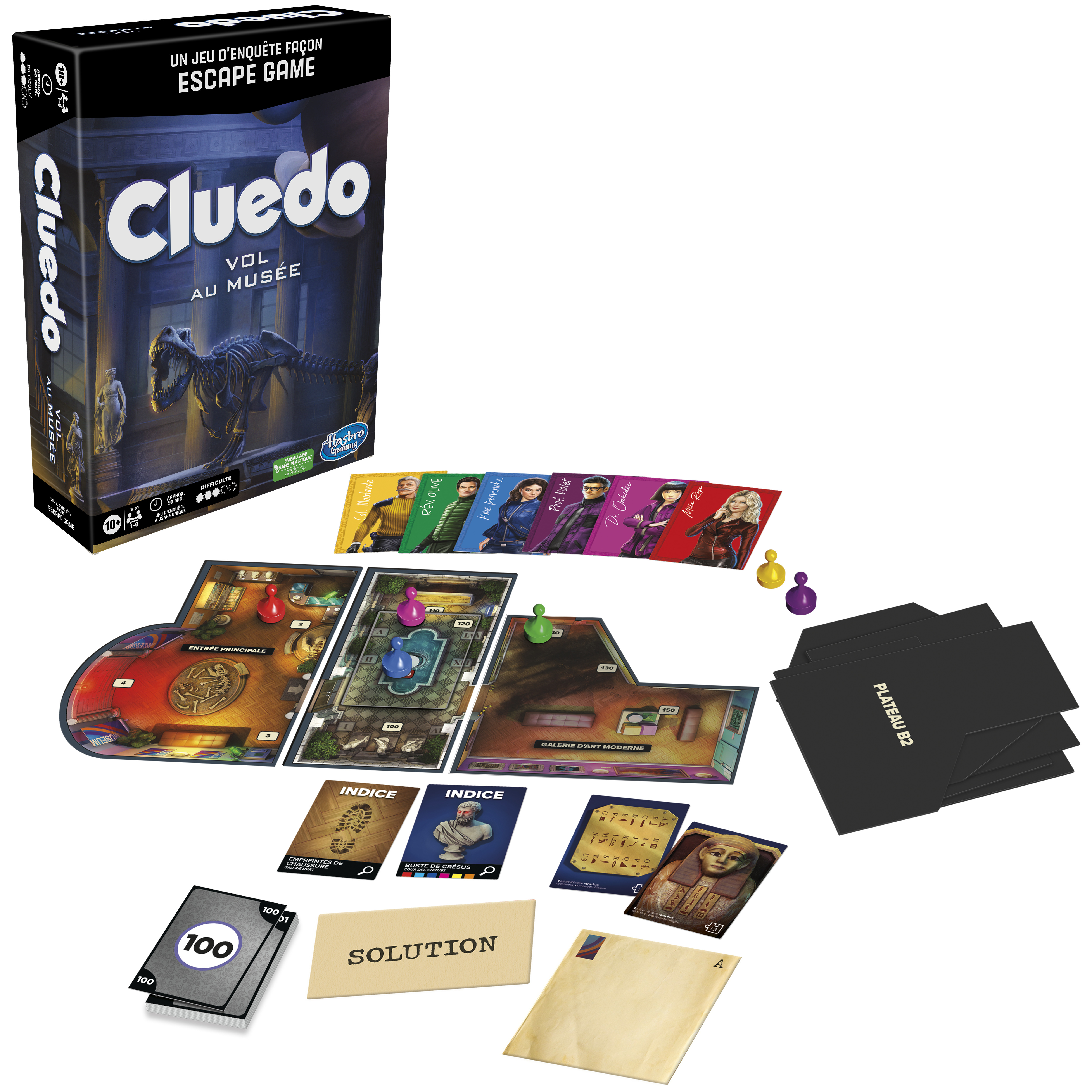 Cluedo Escape Game-Box mit Spielbrett, Karten und Spielsteinen. Die Box zeigt eine Museumsumgebung.
