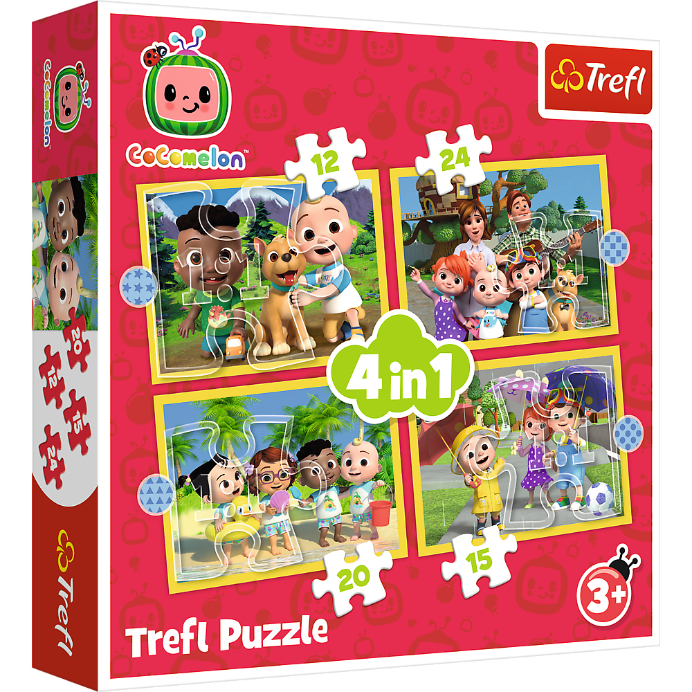 Scatola di puzzle con 4 immagini di CoComelon. Tema per bambini con personaggi.