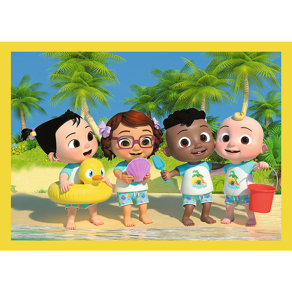 Personaggi dei cartoni animati CoComelon sulla spiaggia. Include bambini, un'anatra e un secchio.