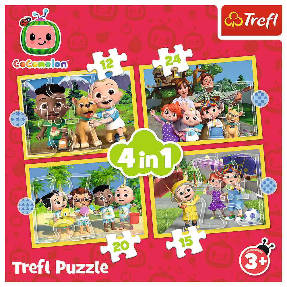 Puzzle Trefl quattro in uno con personaggi di CoComelon. Ogni puzzle mostra una scena diversa.