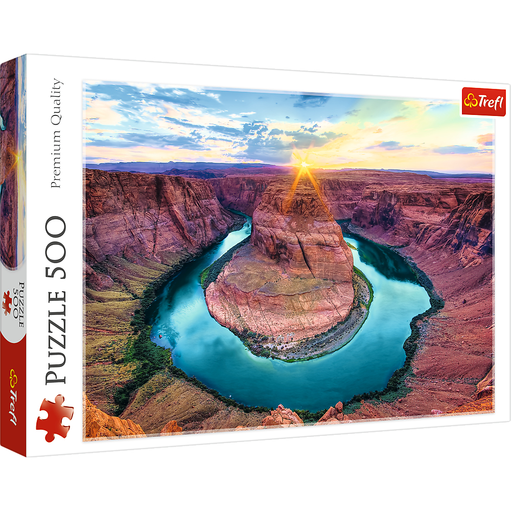 Puzzle di Horseshoe Bend al tramonto. Il fiume si snoda attorno a una formazione rocciosa con un cielo colorato.