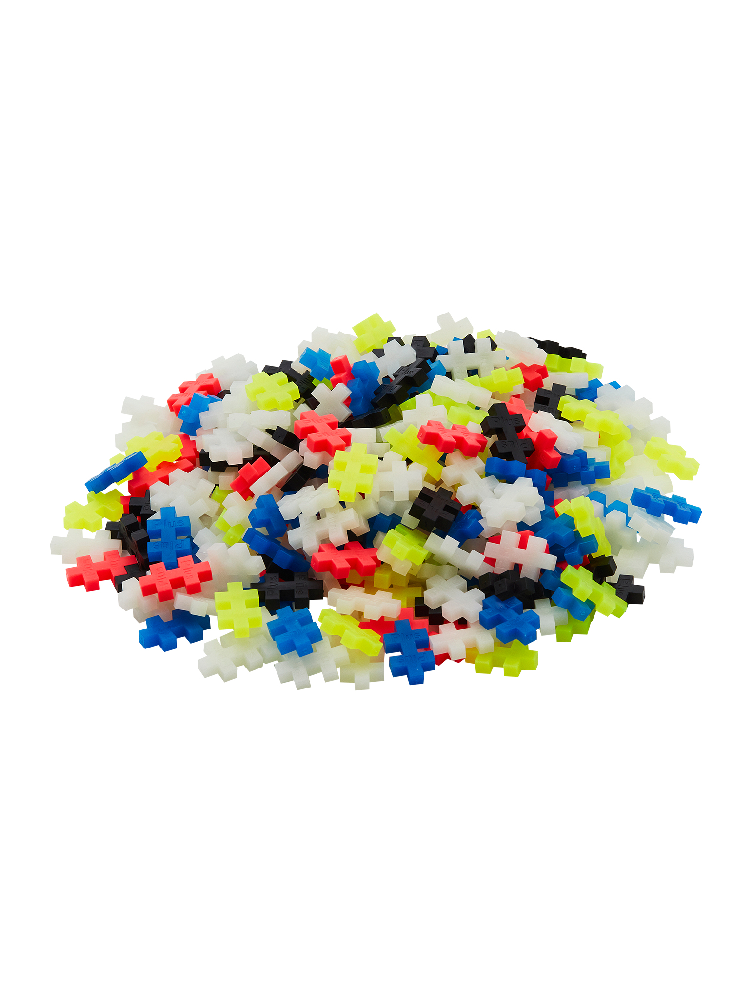 Stos kolorowych klocków Plus Plus, różne kształty.
