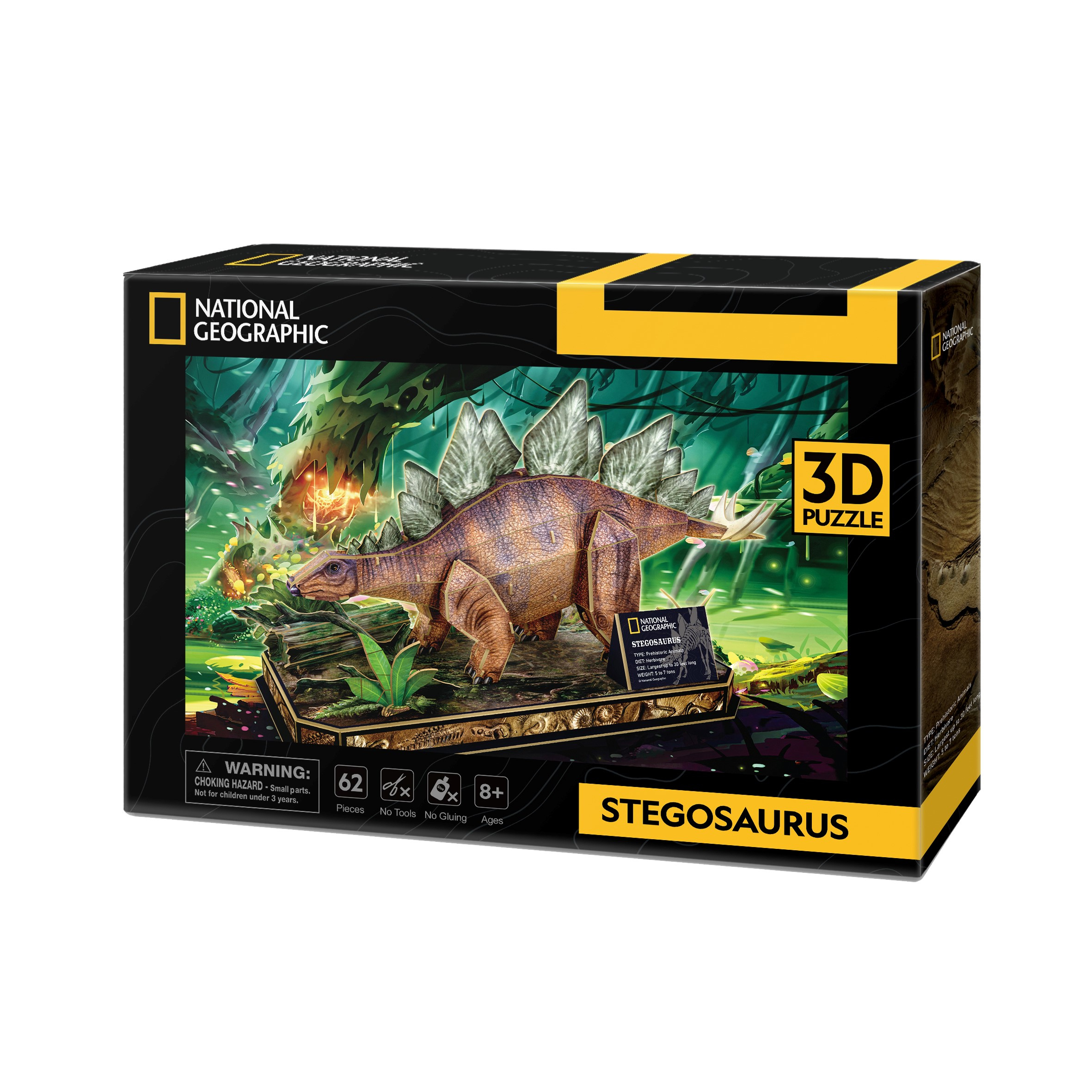 Doosvormige 3D-puzzel van een Stegosaurus dinosaurus op een bosachtergrond.