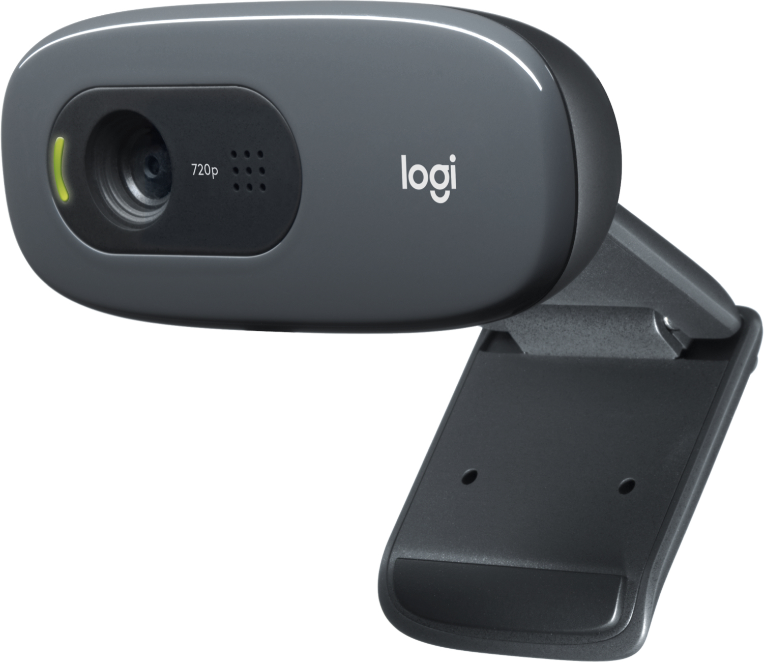 Ciemnoszara kamera internetowa Logitech z obiektywem 720p i czarnym, regulowanym stojakiem.