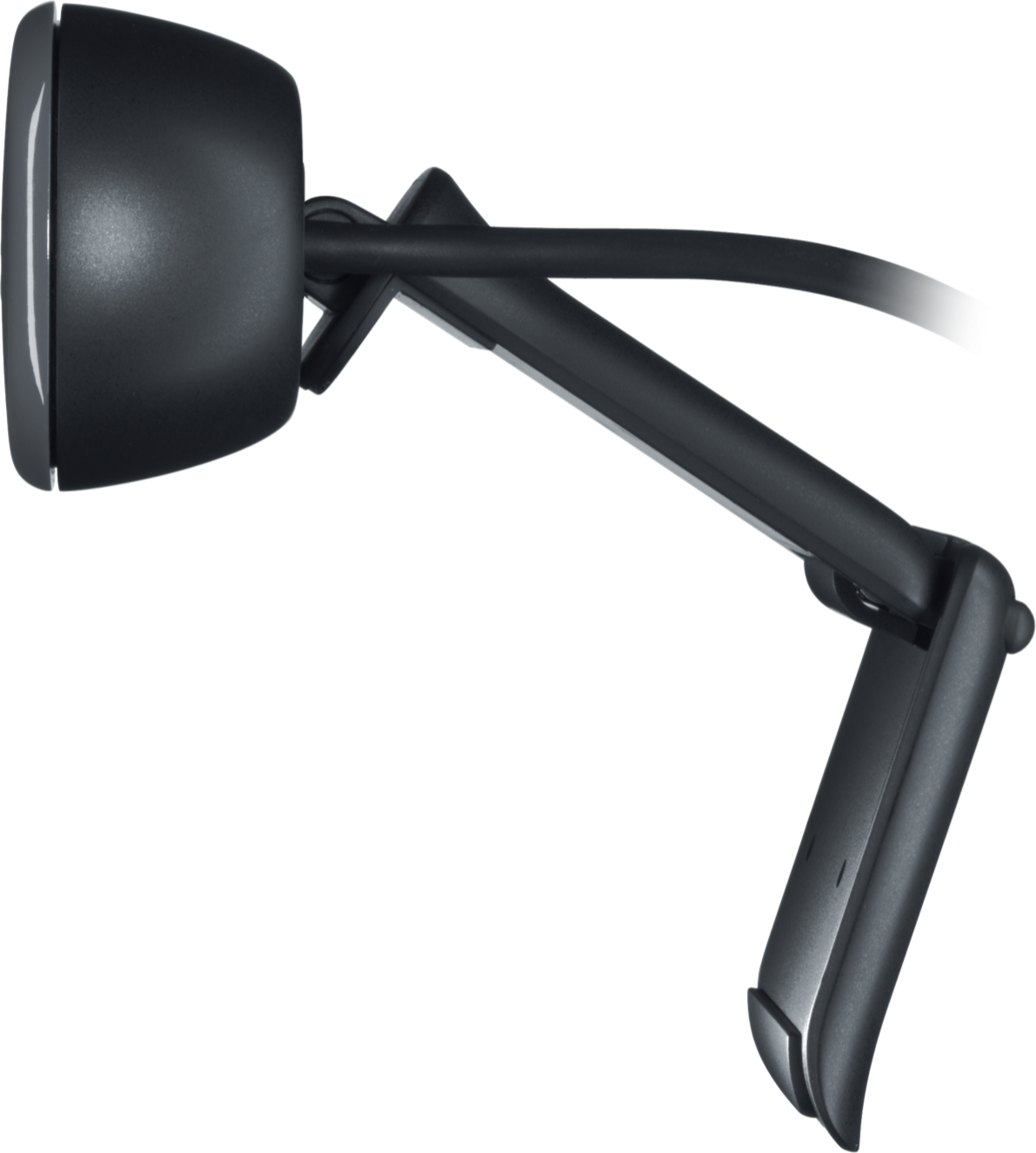 Czarna kamera internetowa z regulowanym ramieniem i podstawą na białym tle.