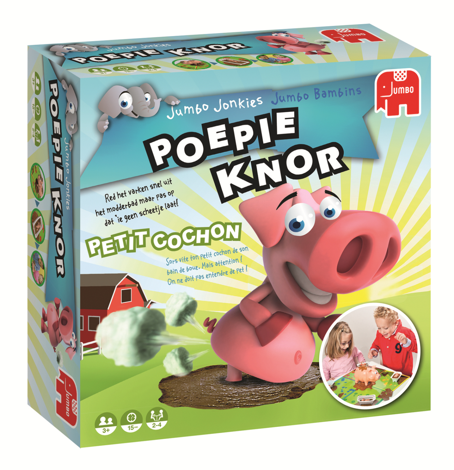 Spelbox met een roze varken. De doos heeft tekst in verschillende talen en toont een kind dat aan het spelen is.