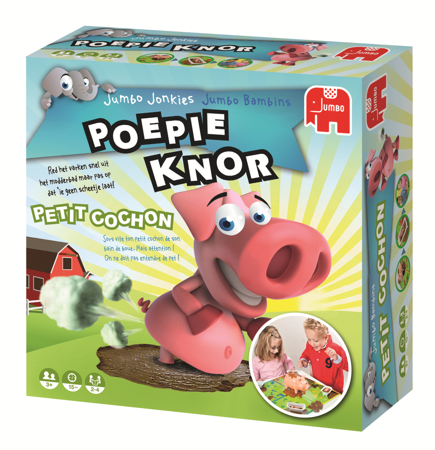 Spelbox met een roze varken. De doos heeft tekst in verschillende talen en toont een kind dat aan het spelen is.