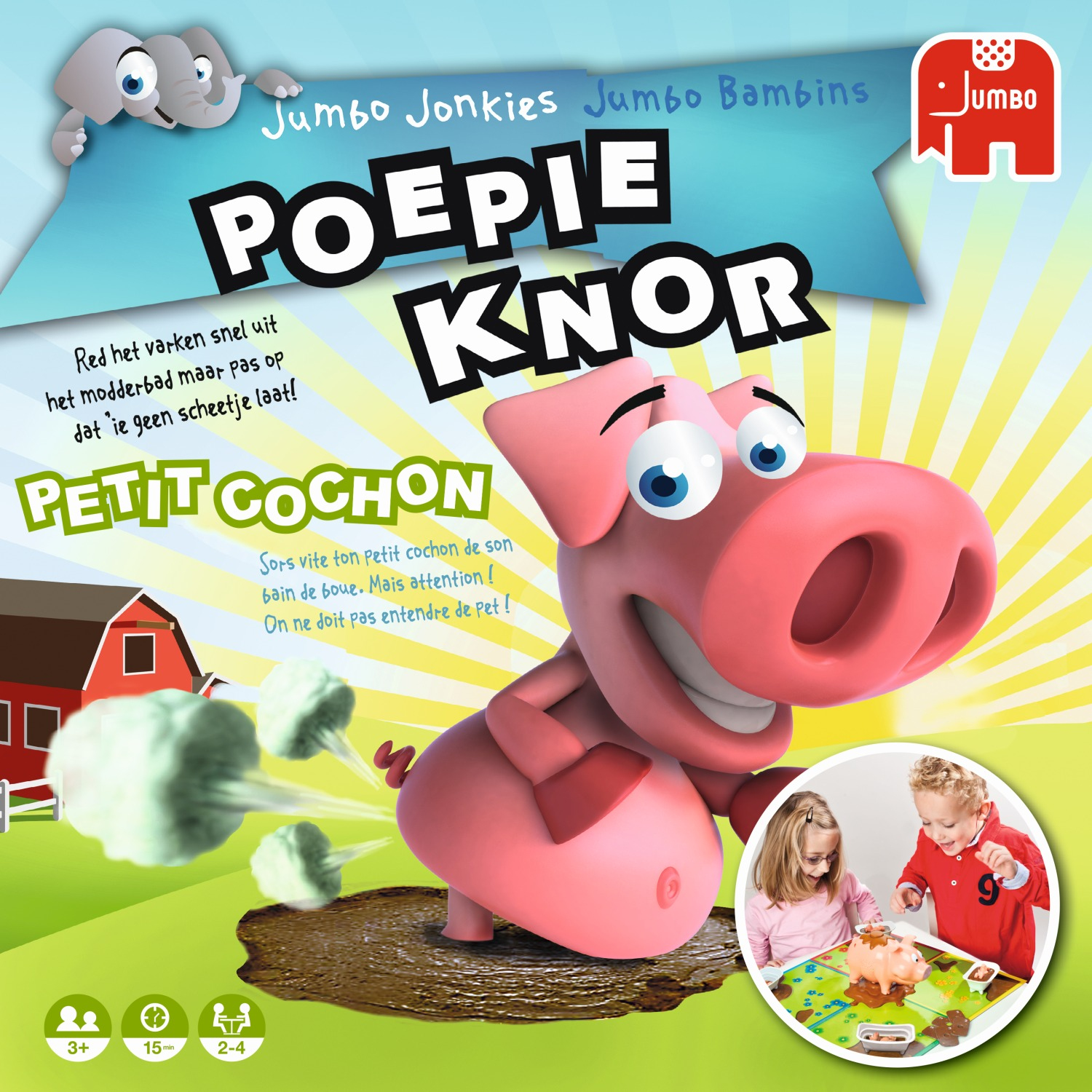 Spelbox met een roze varken. De doos heeft tekst in verschillende talen en toont een kind dat aan het spelen is.