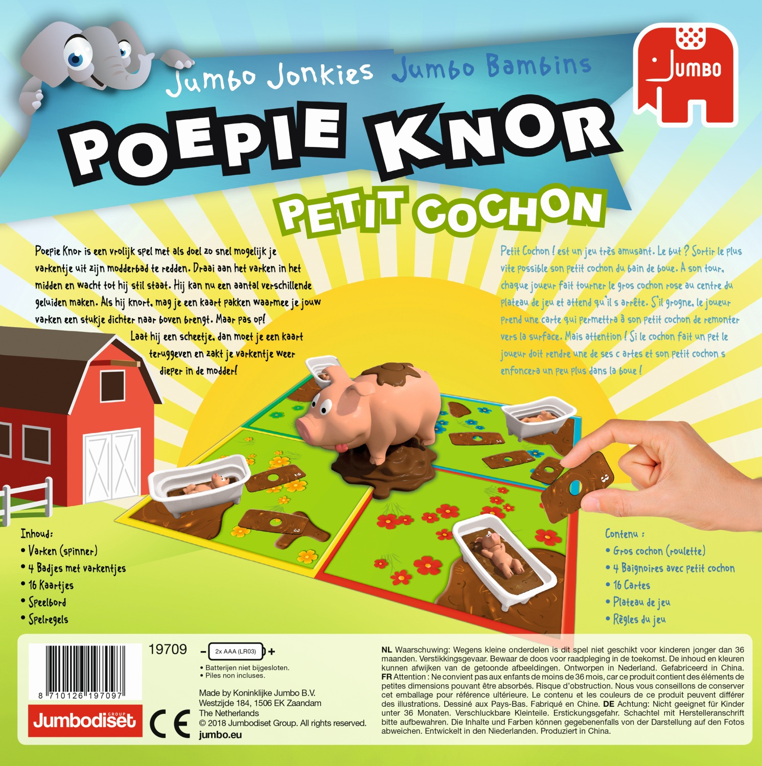 Spelbox met een roze varken. De doos heeft tekst in verschillende talen en toont een kind dat aan het spelen is.