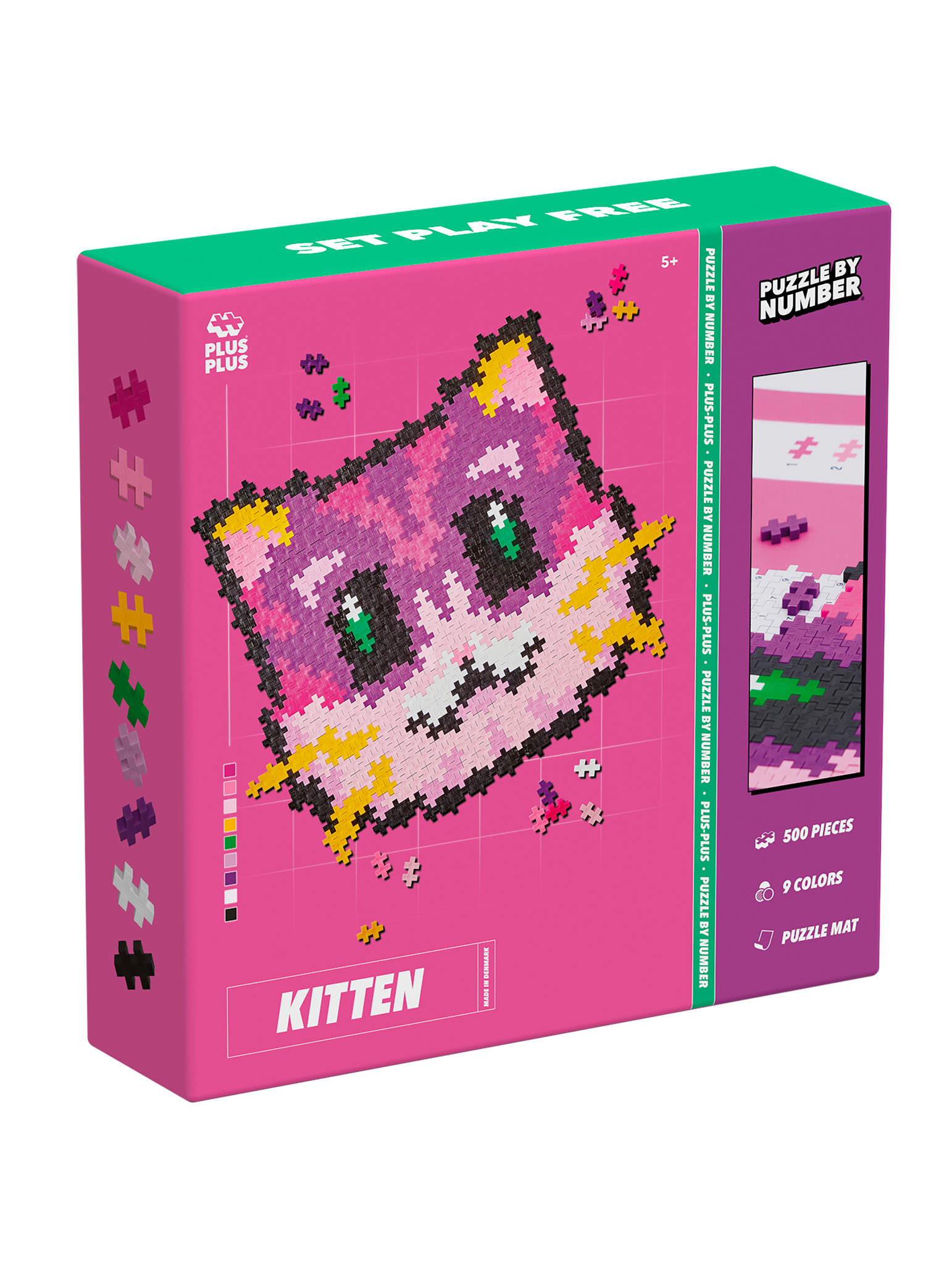 Różowe pudełko z układanką z kotkiem po numerach. Układanka to pikselowy obrazek różowego i fioletowego kotka.