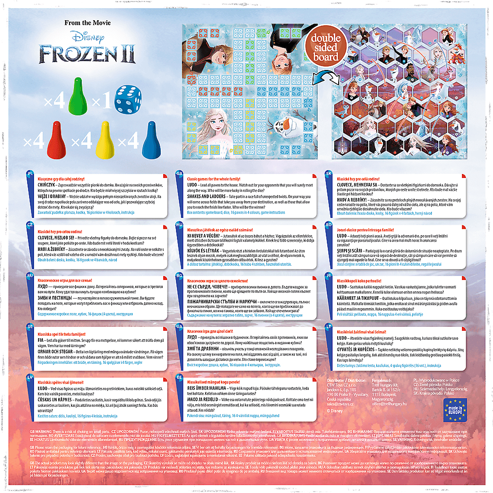Game with pieces, dice, and instructions. Multiple languages, including English. Features characters from Frozen II movie.