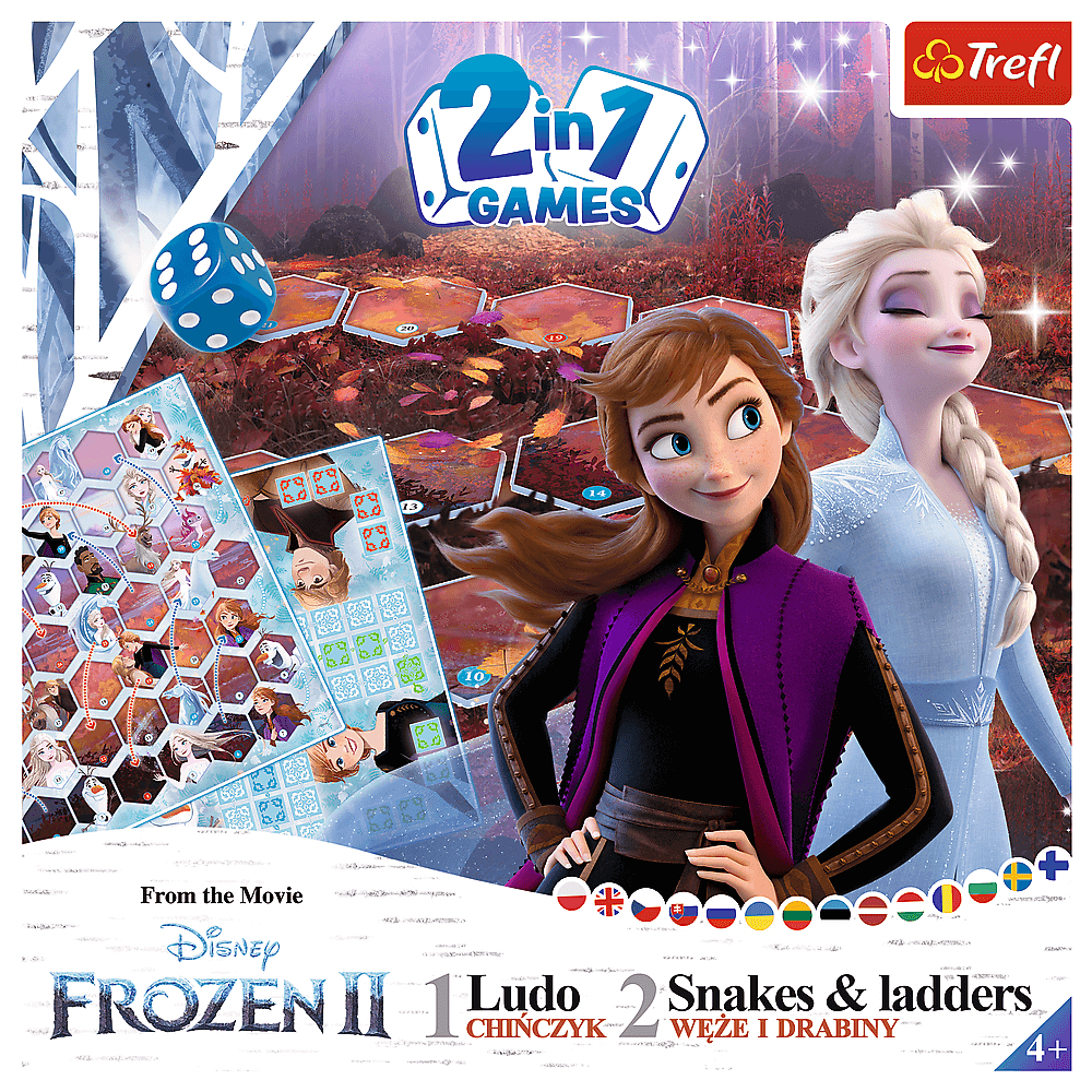 Frozen II 2 in 1 game box. Features Anna and Elsa. Includes game board and game pieces.