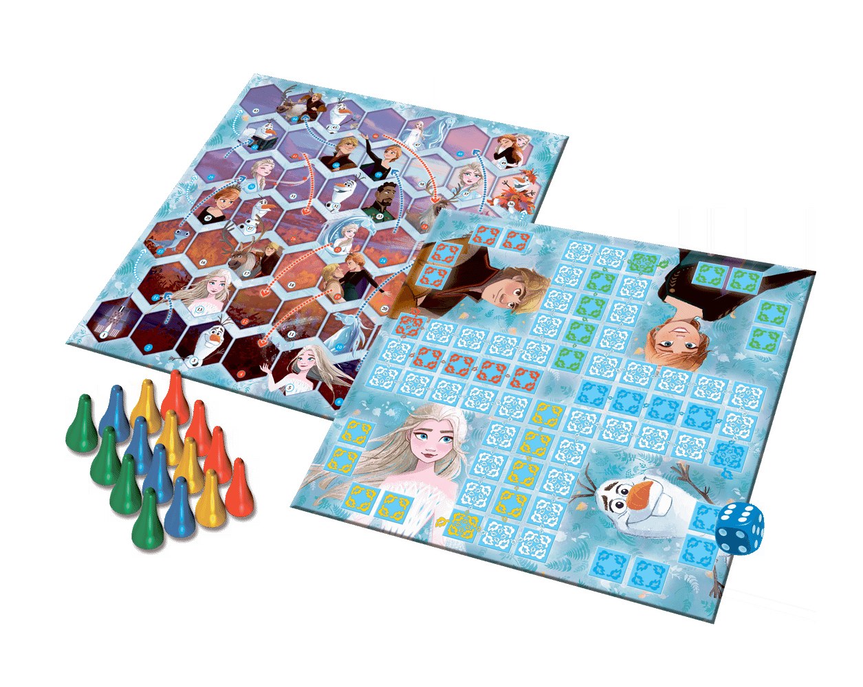 Two game boards. One board depicts Elsa and Anna, the other depicts a scene with characters.