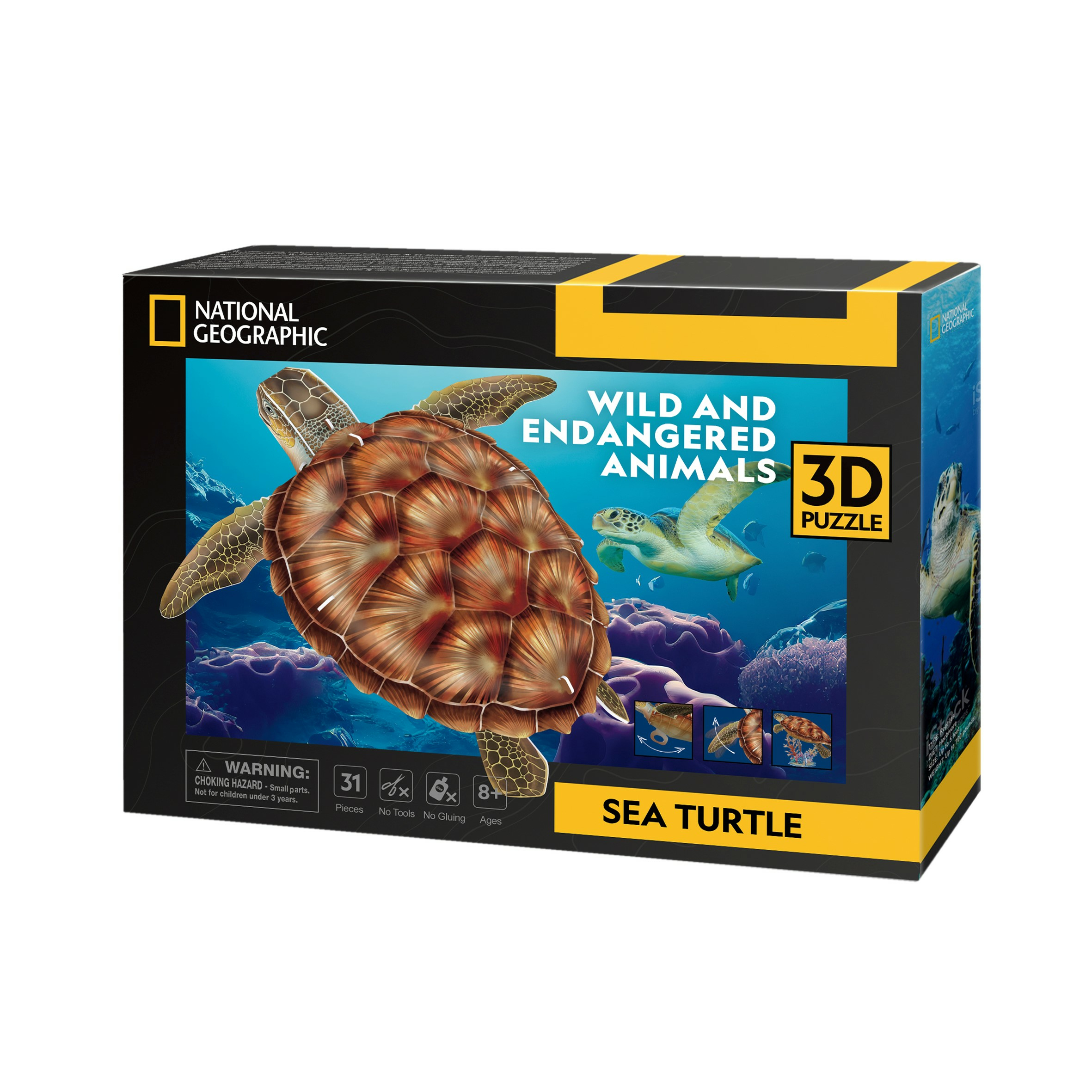 Sea turtle 3D puzzle box shows a sea turtle and underwater scene with coral.