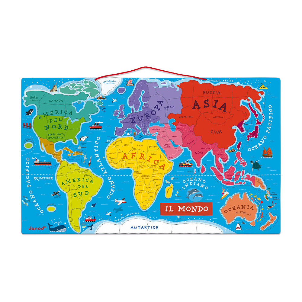 Buntes Weltkartenpuzzle mit beschrifteten Kontinenten, roter Aufhängeschnur oben.
