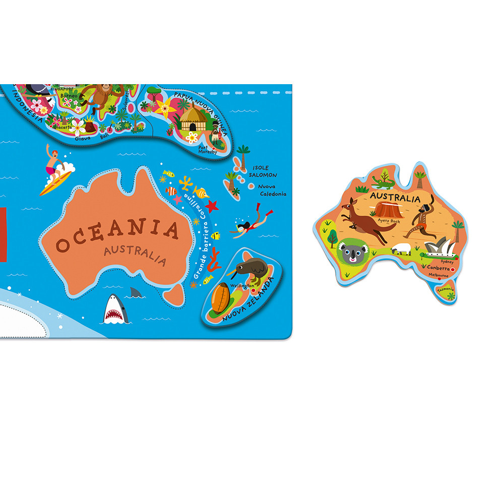 Kartenpuzzle mit hervorgehobenem Australien, mit separatem australischen Puzzleteil.
