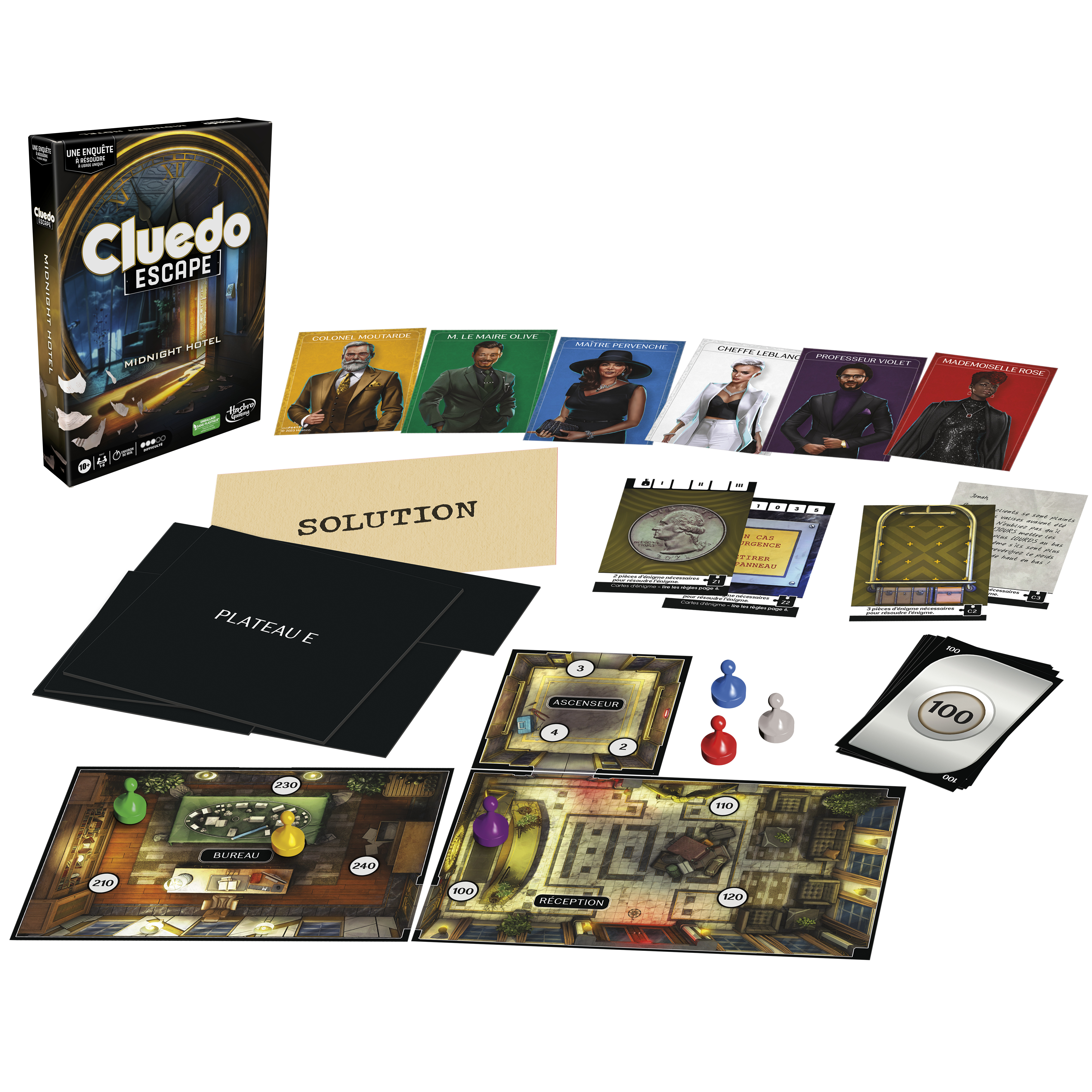 Cluedo Escape Midnight Hotel Spielbox und Komponenten. Enthält Spielbrett, Karten und Teile.