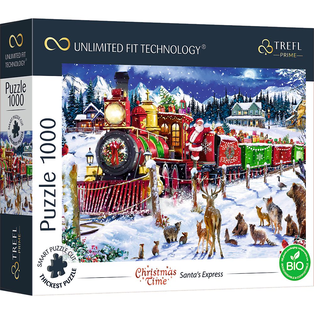 Scatola puzzle di Natale. Babbo Natale su un treno in una scena innevata. Animali in primo piano.