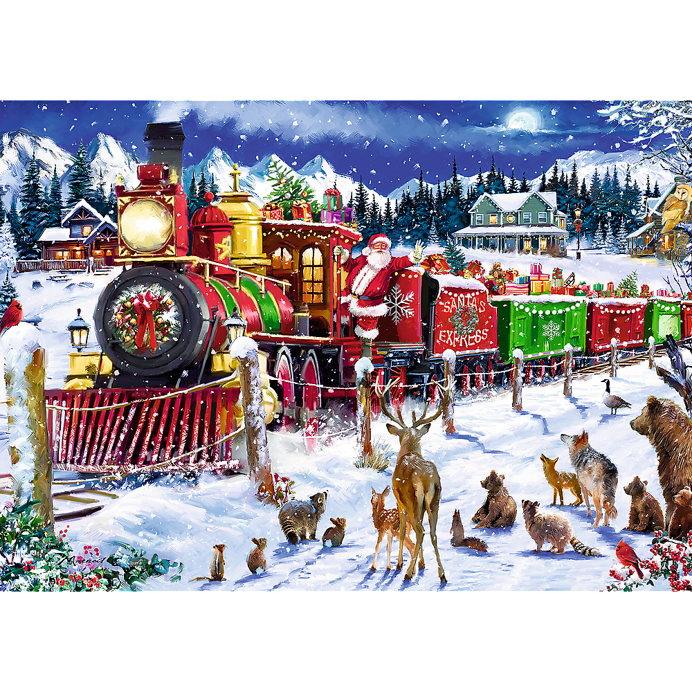 Scena natalizia. Treno Santa's Express in un paesaggio innevato, con animali e case.