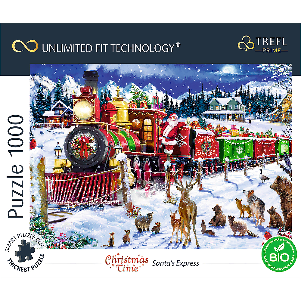 Un puzzle a tema natalizio con un treno di Babbo Natale, neve e animali in un paesaggio invernale.