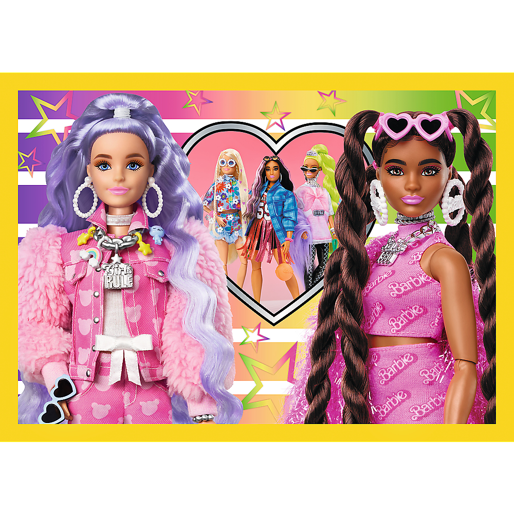 Two Barbie dolls with different hairstyles and outfits on a yellow background with stars and a colorful gradient.